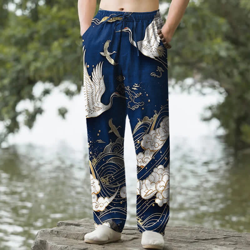 Buddha Stones Pantaloni da uomo affusolati in cotone bianco con motivo a onde e stampa gru, con tasche. - Marina - US/UK/AU50, EU60 (5XL) - image 6