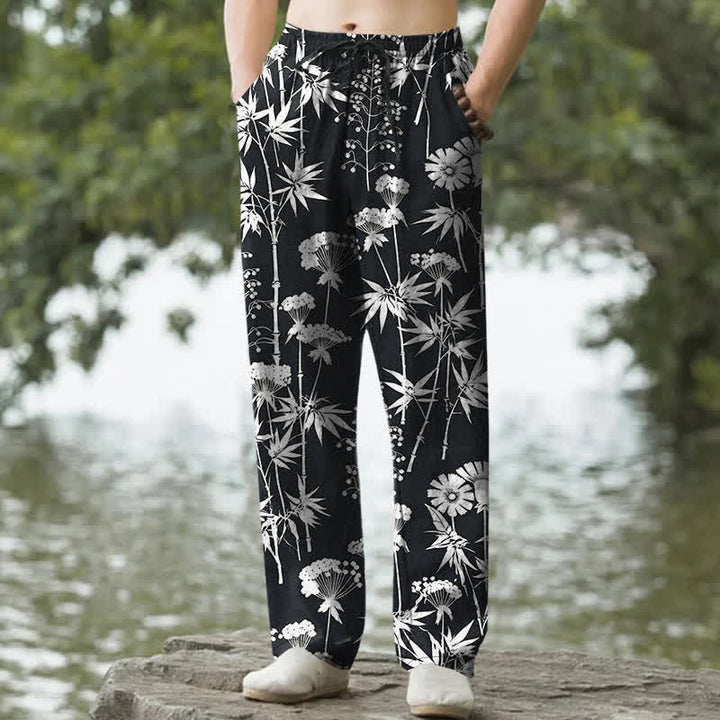 Buddha Stones Pantaloni da uomo affusolati in cotone con motivo floreale a foglie di bambù e tasche. - Nero - US/UK/AU50, EU60 (5XL) - image 6