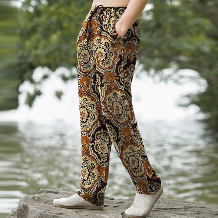 Buddha Stones Pantaloni da uomo affusolati in cotone con motivo geometrico mandala paisley e tasche. - image 1