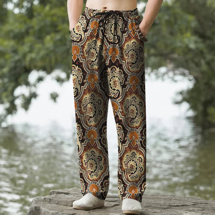 Buddha Stones Pantaloni da uomo affusolati in cotone con motivo geometrico mandala paisley e tasche. - Siena - US/UK/AU50, EU60 (5XL) - image 0