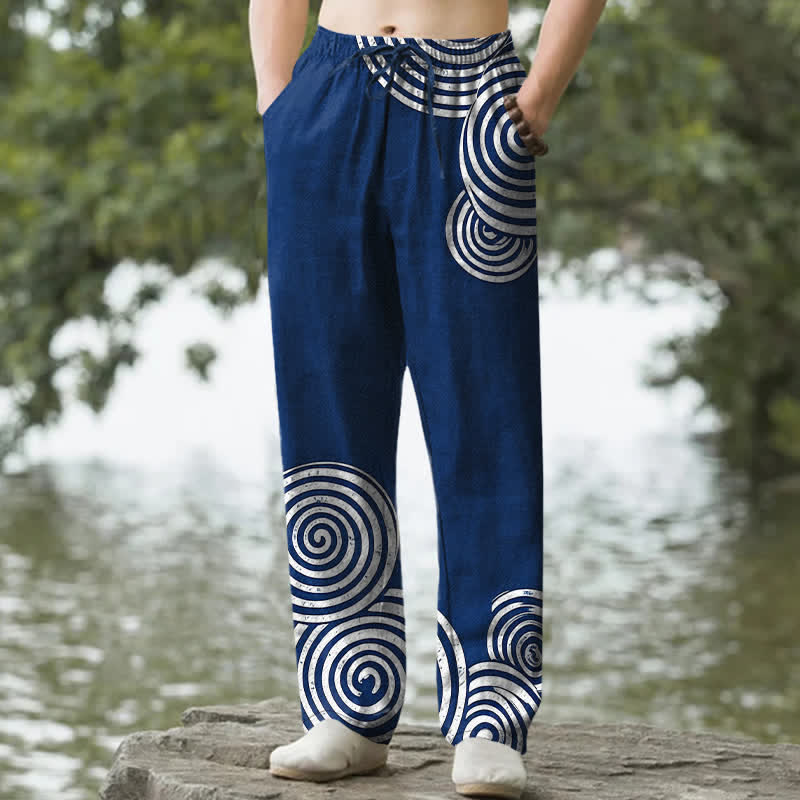 Buddha Stones Pantaloni da uomo affusolati in puro cotone con motivo a cerchi concentrici e tasche. - Marina - US/UK/AU50, EU60 (5XL) - image 0
