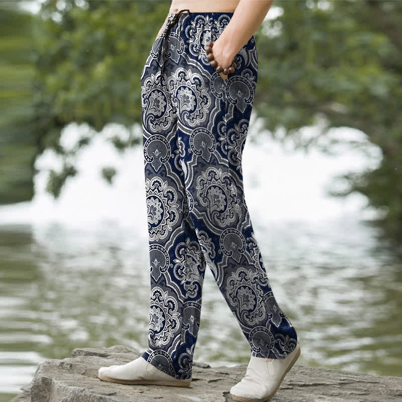 Buddha Stones Pantaloni da uomo affusolati in cotone con motivo geometrico mandala paisley e tasche. - image 5