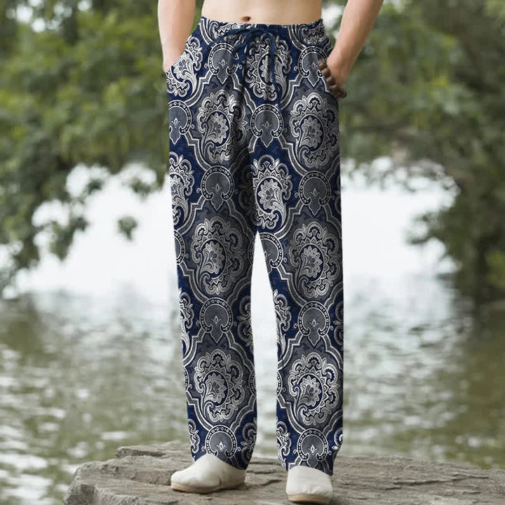 Buddha Stones Pantaloni da uomo affusolati in cotone con motivo geometrico mandala paisley e tasche. - Marina - US/UK/AU50, EU60 (5XL) - image 4