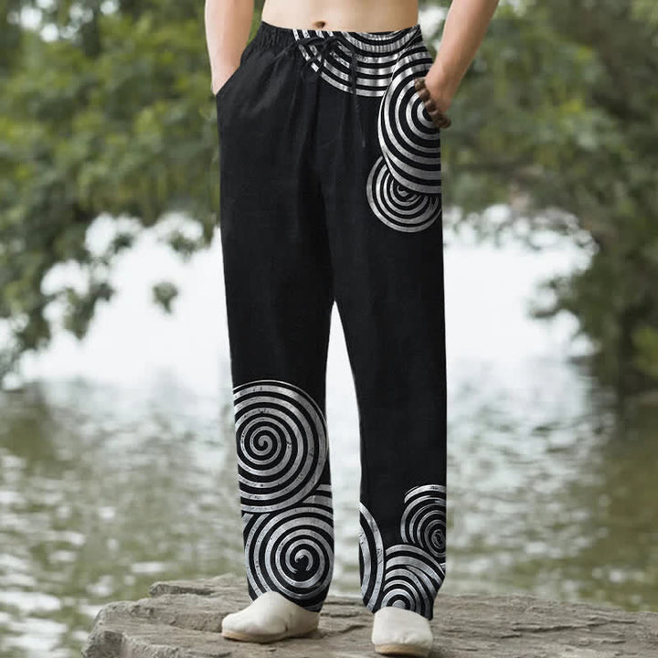 Buddha Stones Pantaloni da uomo affusolati in puro cotone con motivo a cerchi concentrici e tasche. - Nero - US/UK/AU50, EU60 (5XL) - image 4