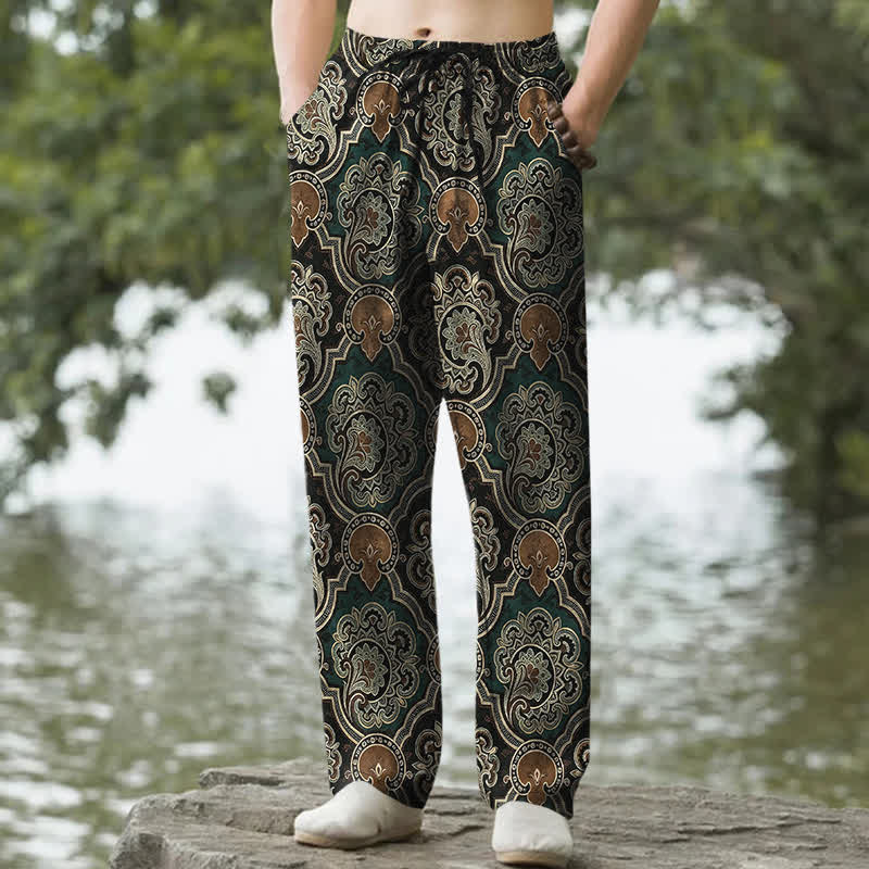 Buddha Stones Pantaloni da uomo affusolati in cotone con motivo geometrico mandala paisley e tasche. - Verde scuro - US/UK/AU50, EU60 (5XL) - image 6