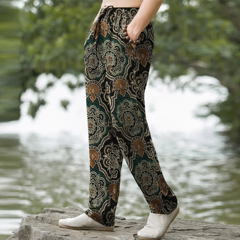 Buddha Stones Pantaloni da uomo affusolati in cotone con motivo geometrico mandala paisley e tasche. - image 7