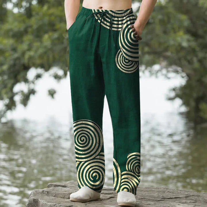 Buddha Stones Pantaloni da uomo affusolati in puro cotone con motivo a cerchi concentrici e tasche. - Verde studentesco - US/UK/AU50, EU60 (5XL) - image 6