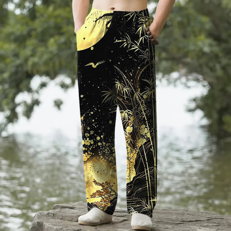 Buddha Stones Pantaloni da uomo affusolati in cotone con motivo luna dorata e bambù, con tasche. - Nero - US/UK/AU50, EU60 (5XL) - image 0