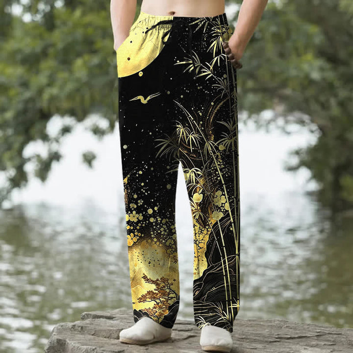 Buddha Stones Pantaloni da uomo affusolati in cotone con motivo luna dorata e bambù, con tasche. - Nero - US/UK/AU50, EU60 (5XL) - image 0