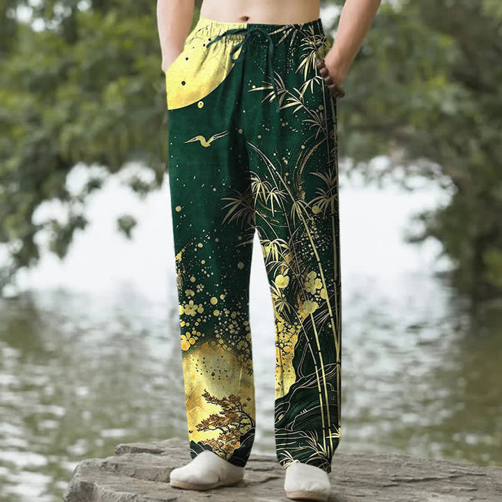 Buddha Stones Pantaloni da uomo affusolati in cotone con motivo luna dorata e bambù, con tasche. - Verde studentesco - US/UK/AU50, EU60 (5XL) - image 4