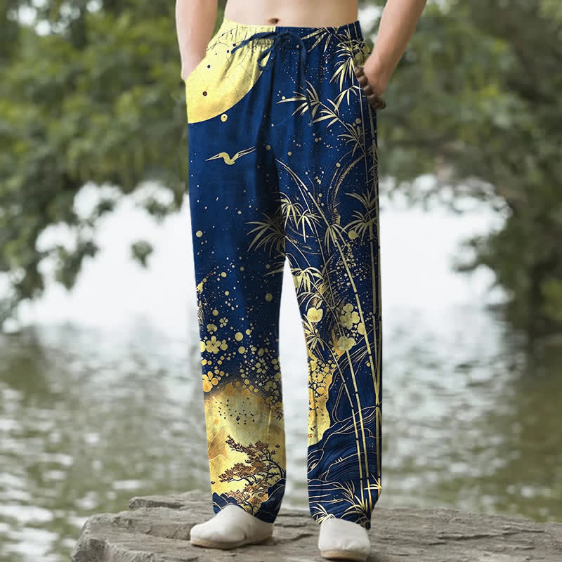 Buddha Stones Pantaloni da uomo affusolati in cotone con motivo luna dorata e bambù, con tasche. - Marina - US/UK/AU50, EU60 (5XL) - image 6