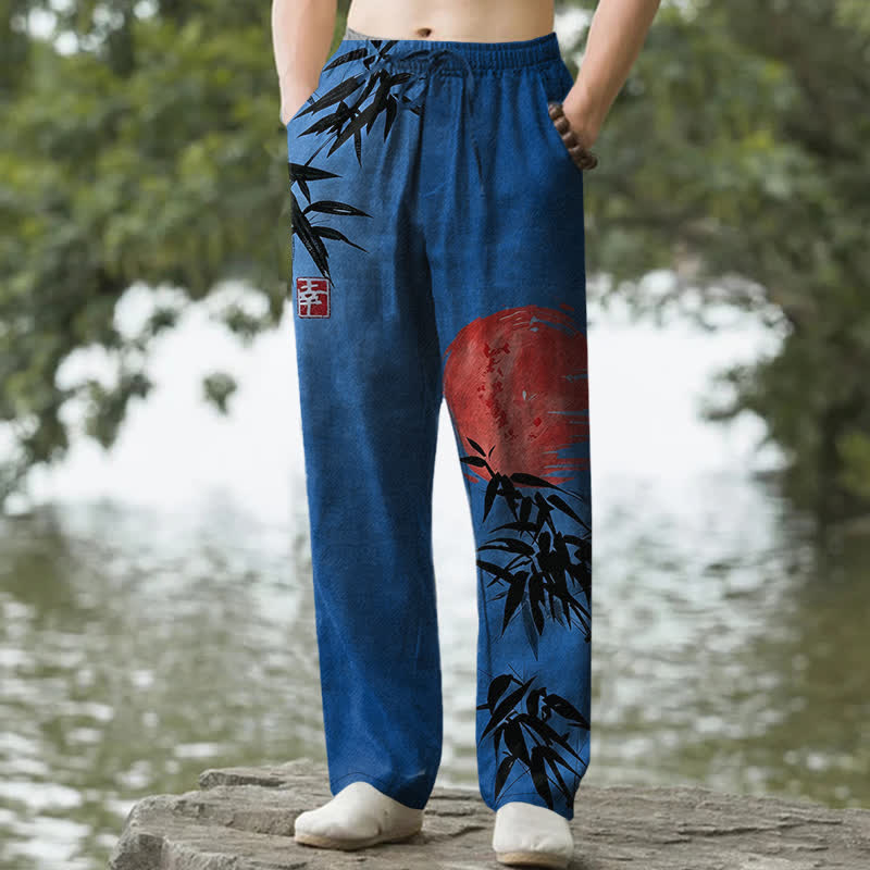 Buddha Stones Pantaloni da uomo affusolati con tasche, stampa a sole e bambù, in cotone inchiostrato. - Blu reale - US/UK/AU50, EU60 (5XL) - image 6