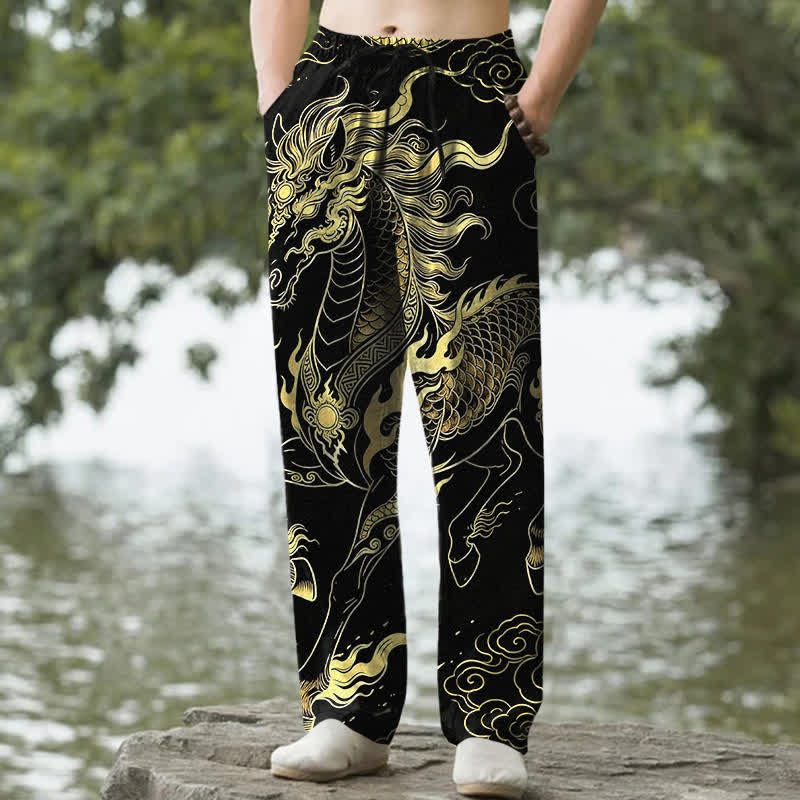 Buddha Stones Pantaloni da uomo affusolati con tasche, in cotone, con motivo drago dorato e nuvole di buon auspicio. - Nero - US/UK/AU50, EU60 (5XL) - image 0