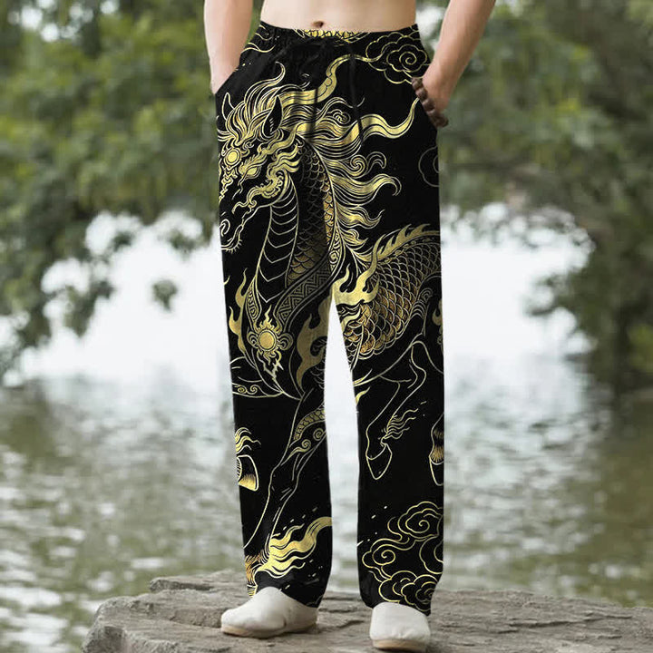 Buddha Stones Pantaloni da uomo affusolati con tasche, in cotone, con motivo drago dorato e nuvole di buon auspicio. - Nero - US/UK/AU50, EU60 (5XL) - image 0