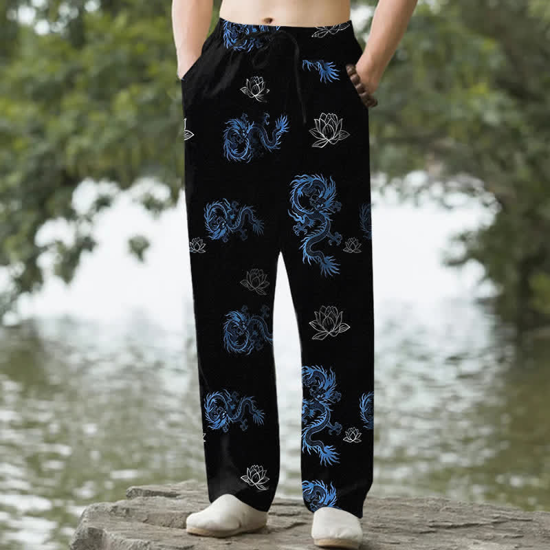Buddha Stones Pantaloni affusolati da uomo in cotone con motivo drago e loto, con tasche. - Nero - US/UK/AU50, EU60 (5XL) - image 0
