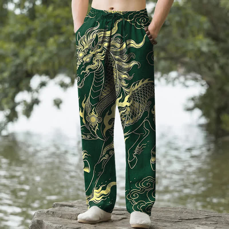 Buddha Stones Pantaloni da uomo affusolati con tasche, in cotone, con motivo drago dorato e nuvole di buon auspicio. - Verde studentesco - US/UK/AU50, EU60 (5XL) - image 4