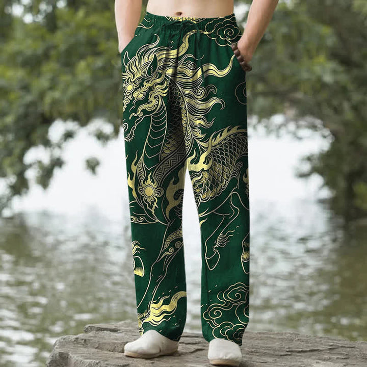Buddha Stones Pantaloni da uomo affusolati con tasche, in cotone, con motivo drago dorato e nuvole di buon auspicio. - Verde studentesco - US/UK/AU50, EU60 (5XL) - image 4