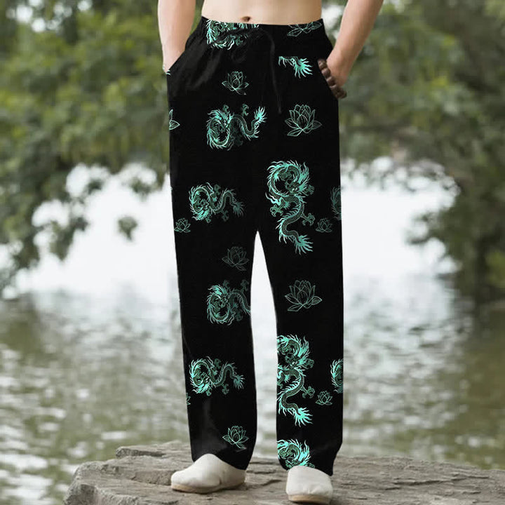 Buddha Stones Pantaloni affusolati da uomo in cotone con motivo drago e loto, con tasche. - Acquamarina - US/UK/AU50, EU60 (5XL) - image 4