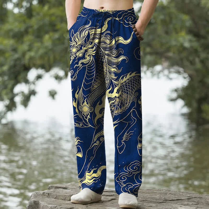 Buddha Stones Pantaloni da uomo affusolati con tasche, in cotone, con motivo drago dorato e nuvole di buon auspicio. - Marina - US/UK/AU50, EU60 (5XL) - image 6