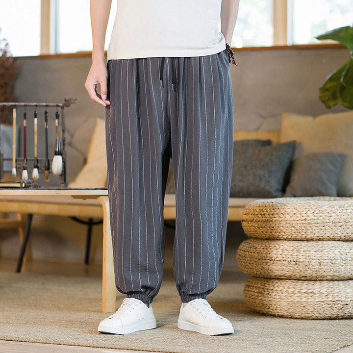 Buddha Stones Pantaloni harem da uomo estivi casual con coulisse e righe, con tasche. - Grigio tenue - US/UK/AU50, EU60 (5XL) - image 0