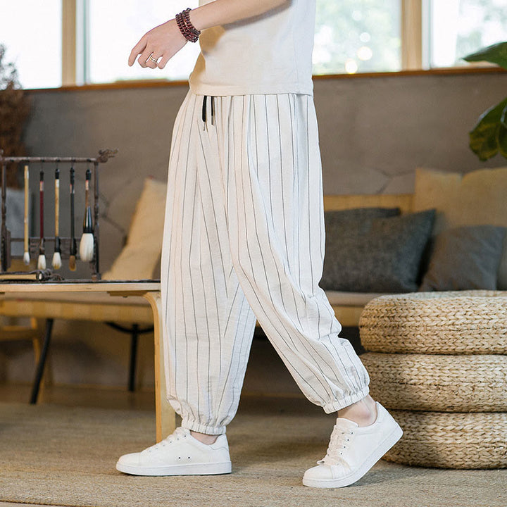 Buddha Stones Pantaloni harem da uomo estivi casual con coulisse e righe, con tasche. - image 43