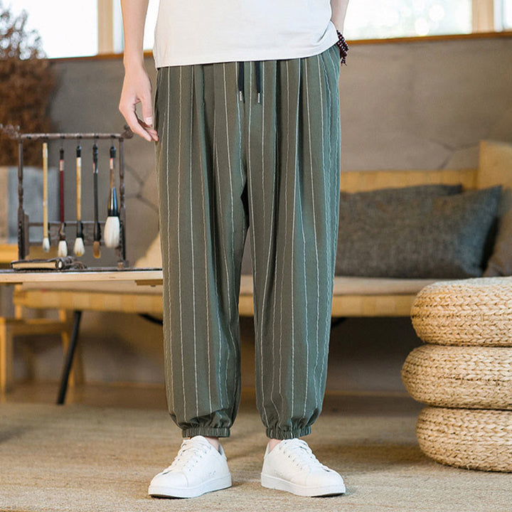 Buddha Stones Pantaloni harem da uomo estivi casual con coulisse e righe, con tasche. - Verde oliva scuro - US/UK/AU50, EU60 (5XL) - image 32
