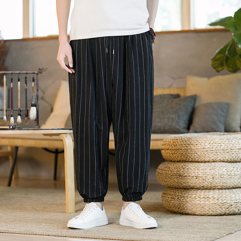 Buddha Stones Pantaloni harem da uomo estivi casual con coulisse e righe, con tasche. - Nero - US/UK/AU50, EU60 (5XL) - image 9
