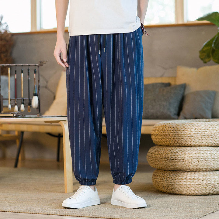 Buddha Stones Pantaloni harem da uomo estivi casual con coulisse e righe, con tasche. - Marina - US/UK/AU50, EU60 (5XL) - image 19