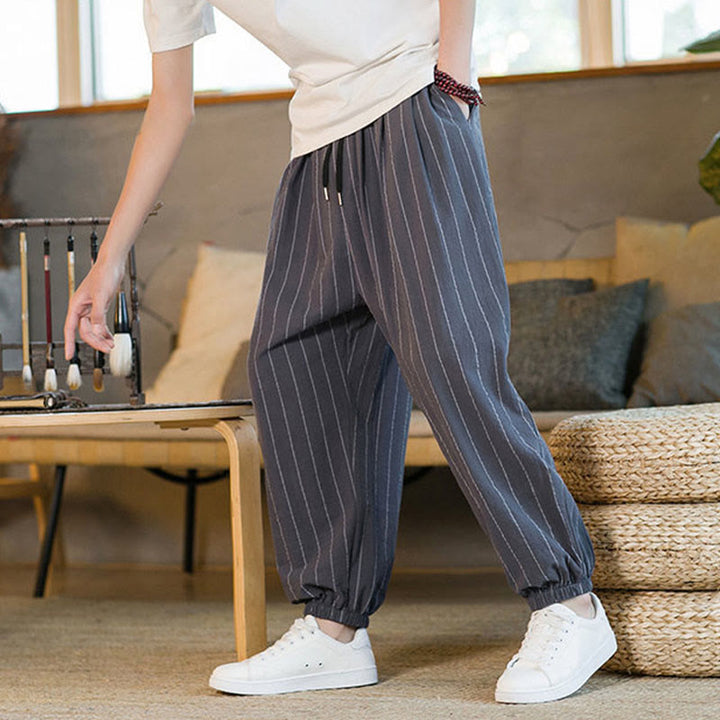 Buddha Stones Pantaloni harem da uomo estivi casual con coulisse e righe, con tasche. - image 7