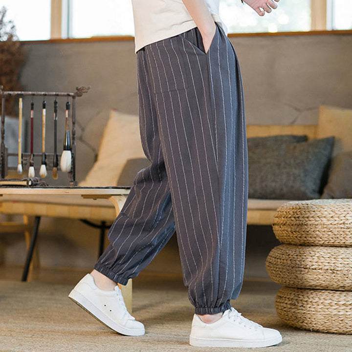 Buddha Stones Pantaloni harem da uomo estivi casual con coulisse e righe, con tasche. - image 2