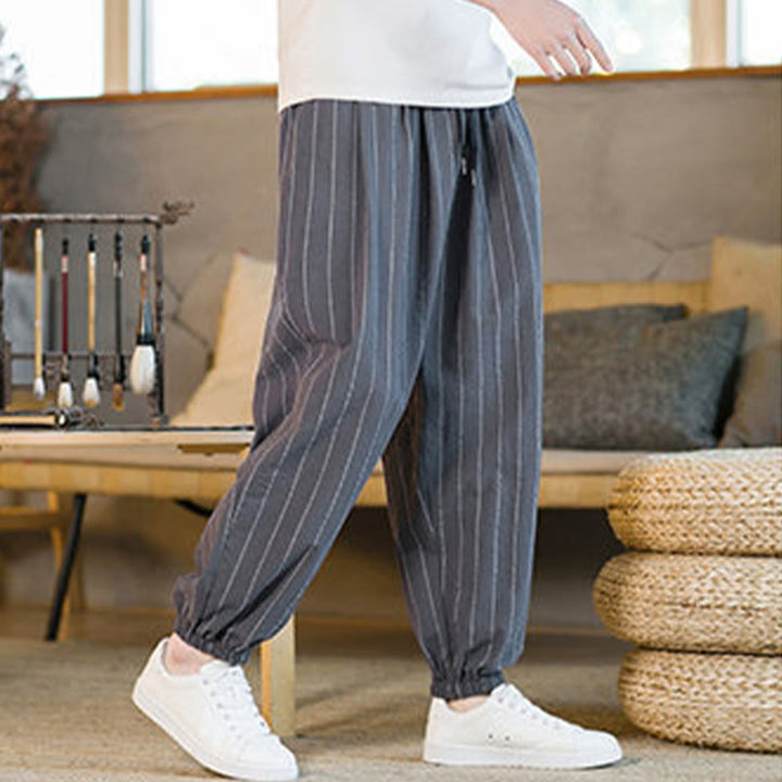 Buddha Stones Pantaloni harem da uomo estivi casual con coulisse e righe, con tasche. - image 4