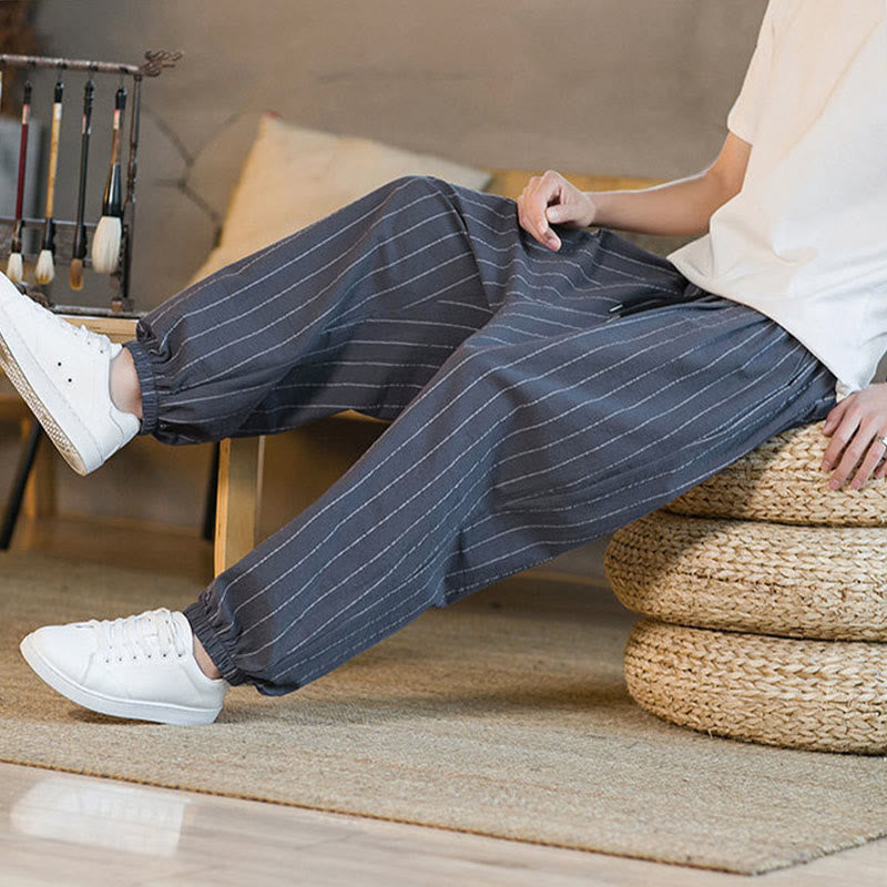 Buddha Stones Pantaloni harem da uomo estivi casual con coulisse e righe, con tasche. - image 8