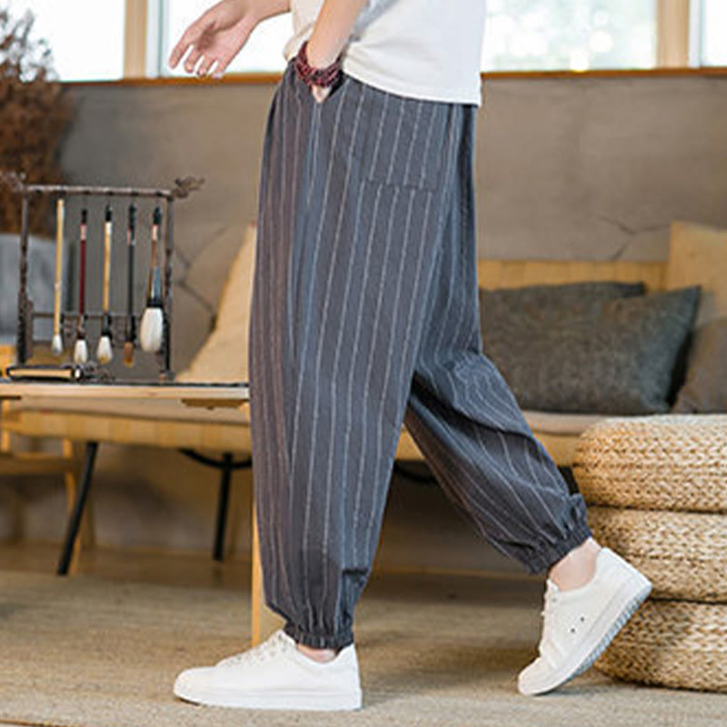 Buddha Stones Pantaloni harem da uomo estivi casual con coulisse e righe, con tasche. - image 5