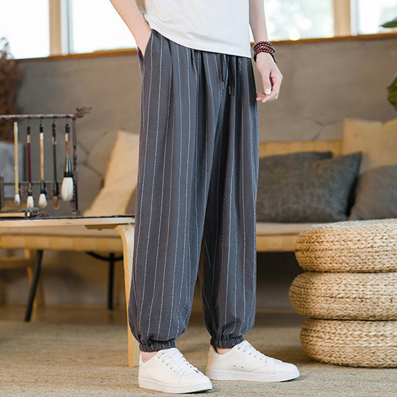 Buddha Stones Pantaloni harem da uomo estivi casual con coulisse e righe, con tasche. - image 6