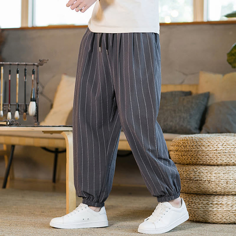 Buddha Stones Pantaloni harem da uomo estivi casual con coulisse e righe, con tasche. - image 1