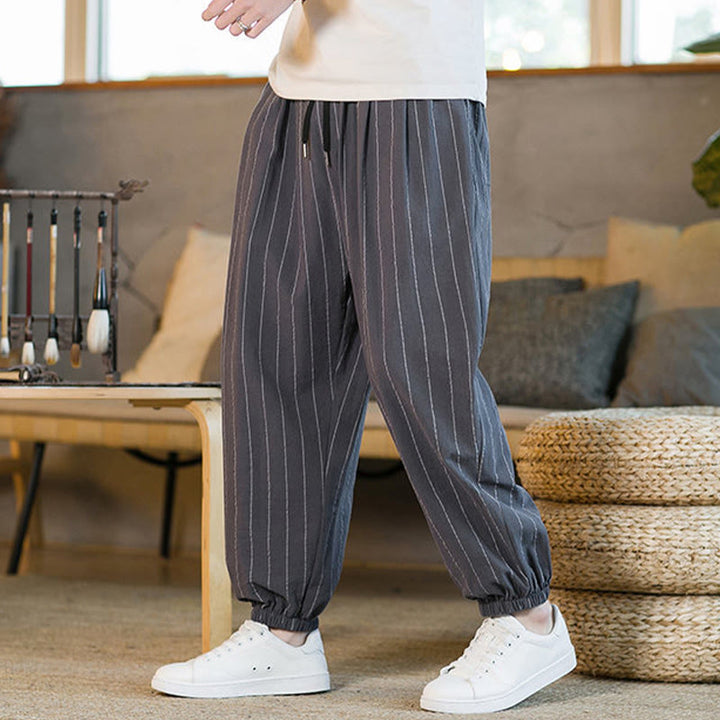 Buddha Stones Pantaloni harem da uomo estivi casual con coulisse e righe, con tasche. - image 1