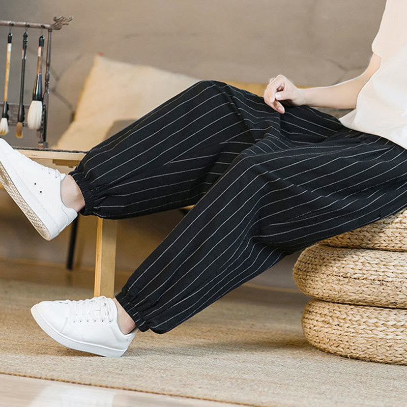 Buddha Stones Pantaloni harem da uomo estivi casual con coulisse e righe, con tasche. - image 18