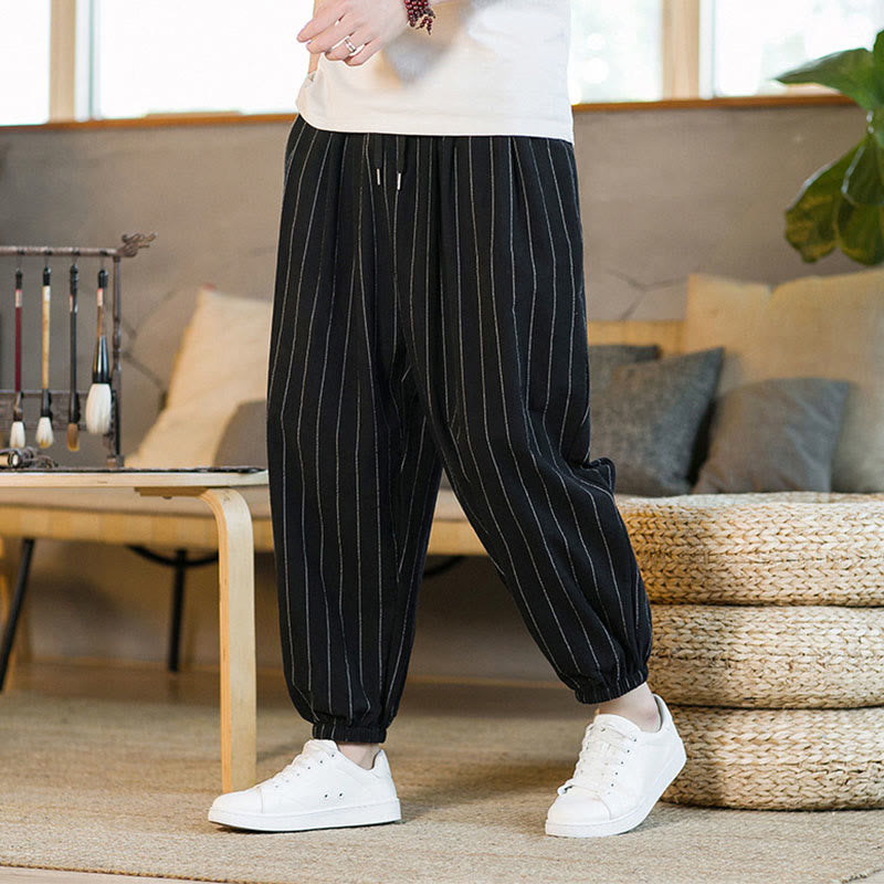 Buddha Stones Pantaloni harem da uomo estivi casual con coulisse e righe, con tasche. - image 10