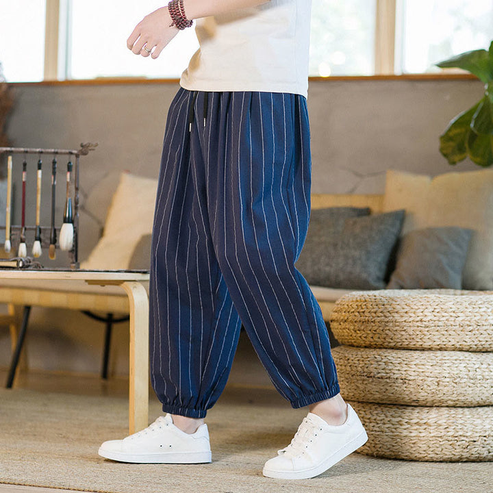 Buddha Stones Pantaloni harem da uomo estivi casual con coulisse e righe, con tasche. - image 20