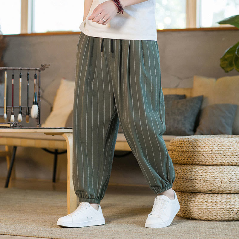 Buddha Stones Pantaloni harem da uomo estivi casual con coulisse e righe, con tasche. - image 33