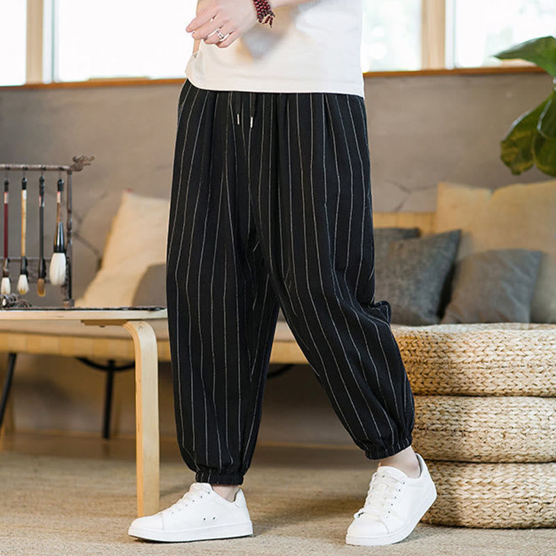 Buddha Stones Pantaloni harem da uomo estivi casual con coulisse e righe, con tasche. - image 11