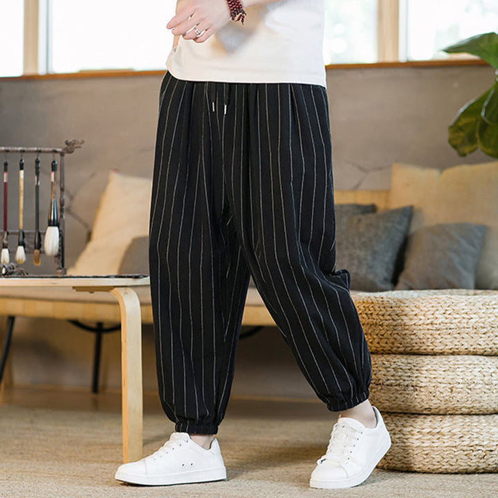 Buddha Stones Pantaloni harem da uomo estivi casual con coulisse e righe, con tasche. - image 11