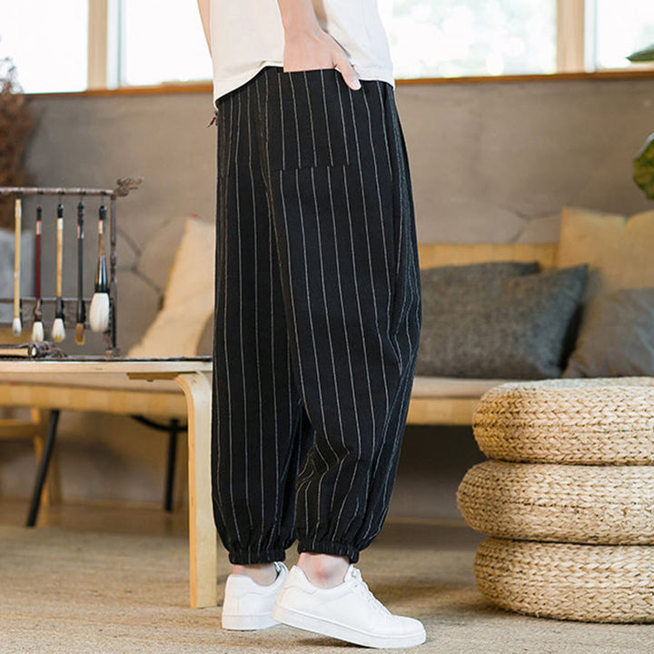 Buddha Stones Pantaloni harem da uomo estivi casual con coulisse e righe, con tasche. - image 12