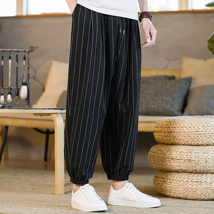 Buddha Stones Pantaloni harem da uomo estivi casual con coulisse e righe, con tasche. - image 13