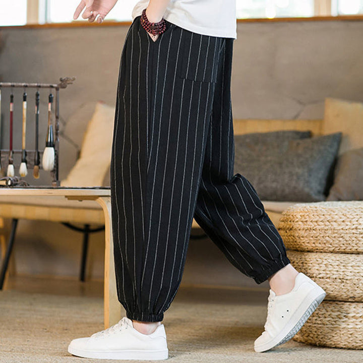 Buddha Stones Pantaloni harem da uomo estivi casual con coulisse e righe, con tasche. - image 14