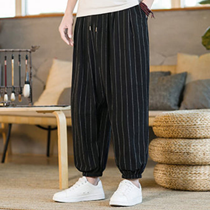 Buddha Stones Pantaloni harem da uomo estivi casual con coulisse e righe, con tasche. - image 15