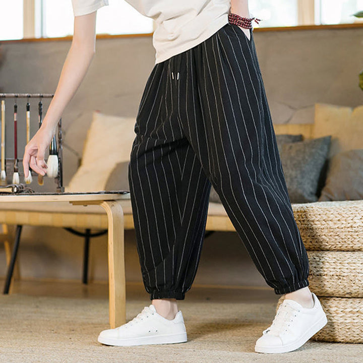 Buddha Stones Pantaloni harem da uomo estivi casual con coulisse e righe, con tasche. - image 16
