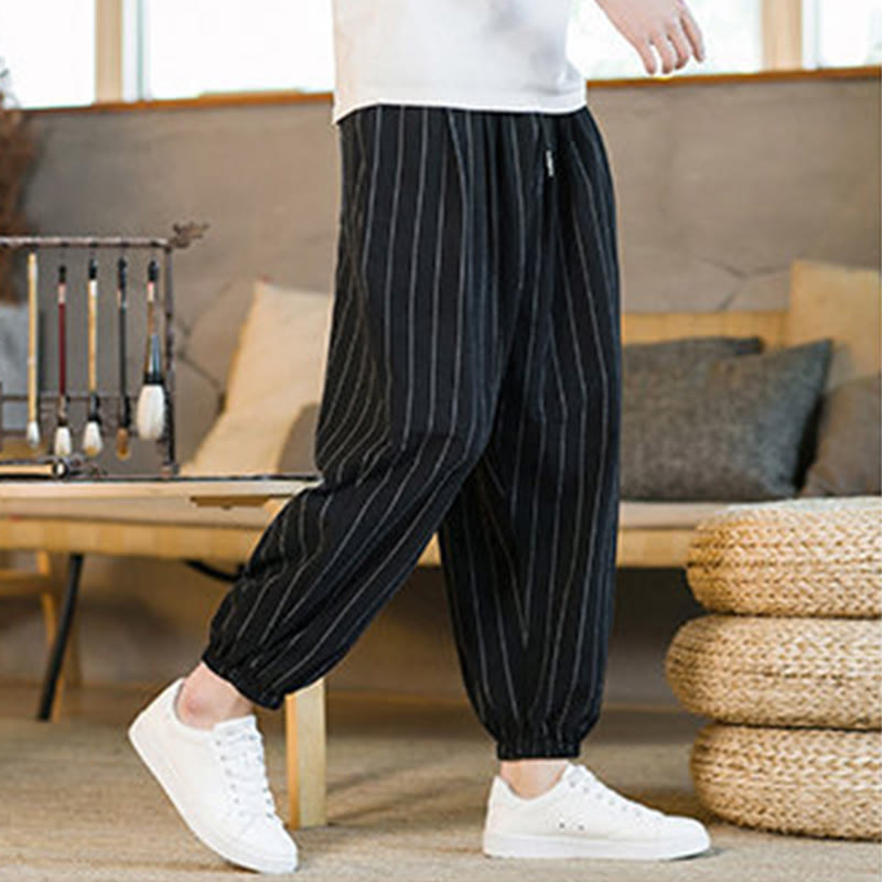 Buddha Stones Pantaloni harem da uomo estivi casual con coulisse e righe, con tasche. - image 17