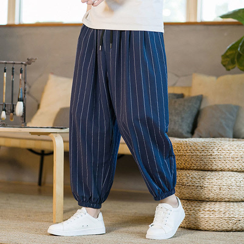 Buddha Stones Pantaloni harem da uomo estivi casual con coulisse e righe, con tasche. - image 21