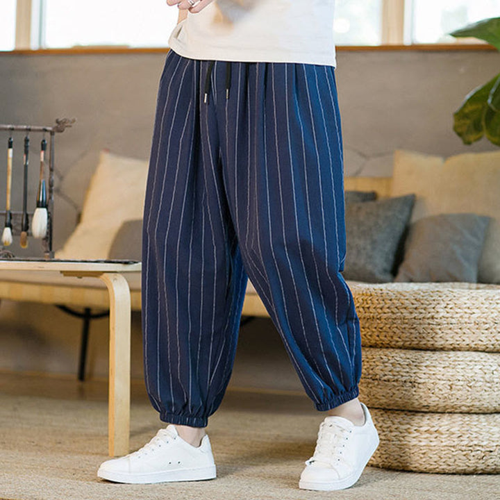 Buddha Stones Pantaloni harem da uomo estivi casual con coulisse e righe, con tasche. - image 21